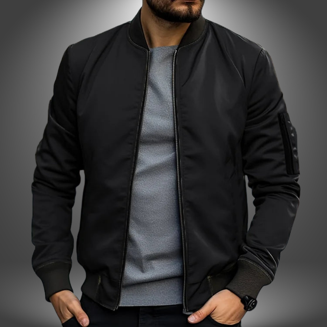 Lightweight Men’s Bomber Jacket – Ribbed Zip, Nylon Black - Tophatter Daily Deals