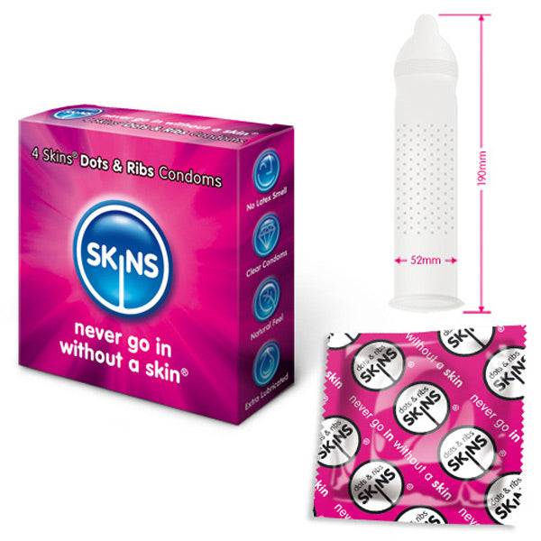 Skins Dots and Ribs Condoms 4 Pack – Waterproof Pleasure Condoms 192mm Diameter > Essentials > Condoms - Tophatter Daily Deals