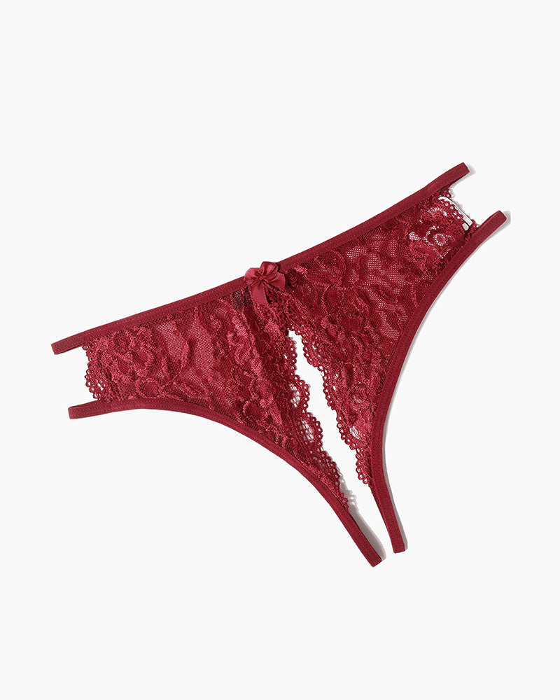 Floral Lace Panties with Bow Wine Red Lingeries-panties - Tophatter Daily Deals
