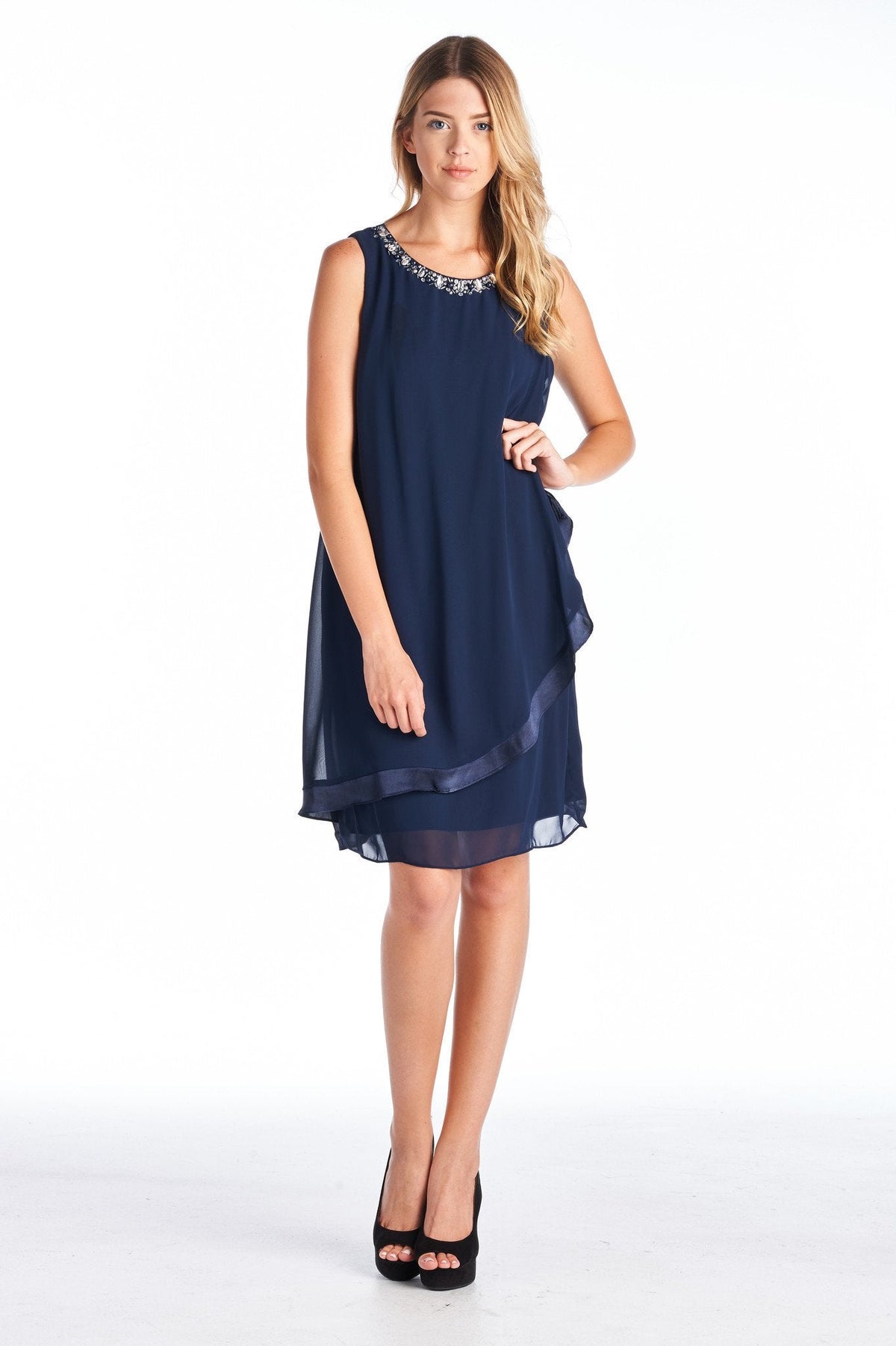 Women's Beaded Neckline Chiffon Dress Navy 20 Dresses / Evening Dresses - Tophatter Daily Deals