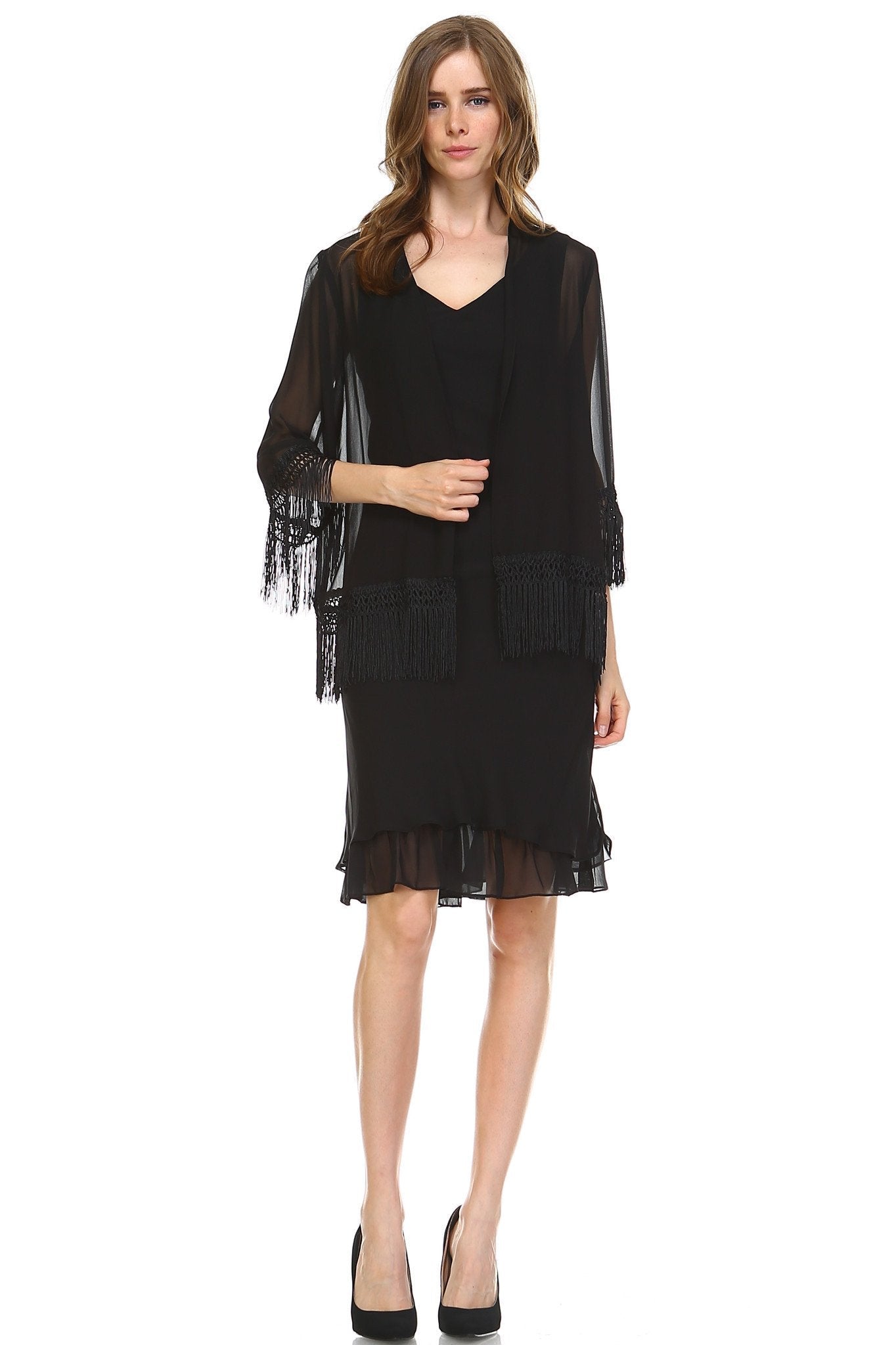 Women's Chiffon Dress with Sheer Fringe Chiffon Cardigan Black Dresses / Evening Gowns - Tophatter Daily Deals