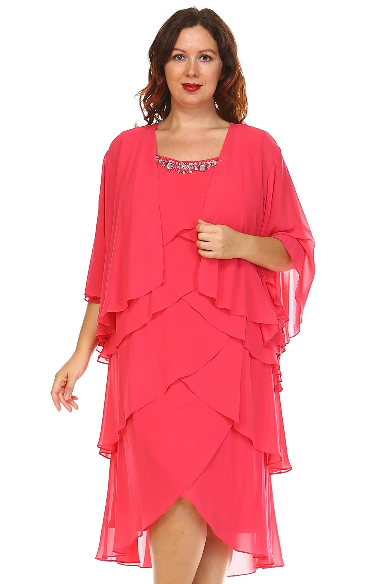 Women's Plus Size Gem Stone Neckline Dress with Chiffon Cardigan Plus Size / Evening Dresses - Tophatter Daily Deals