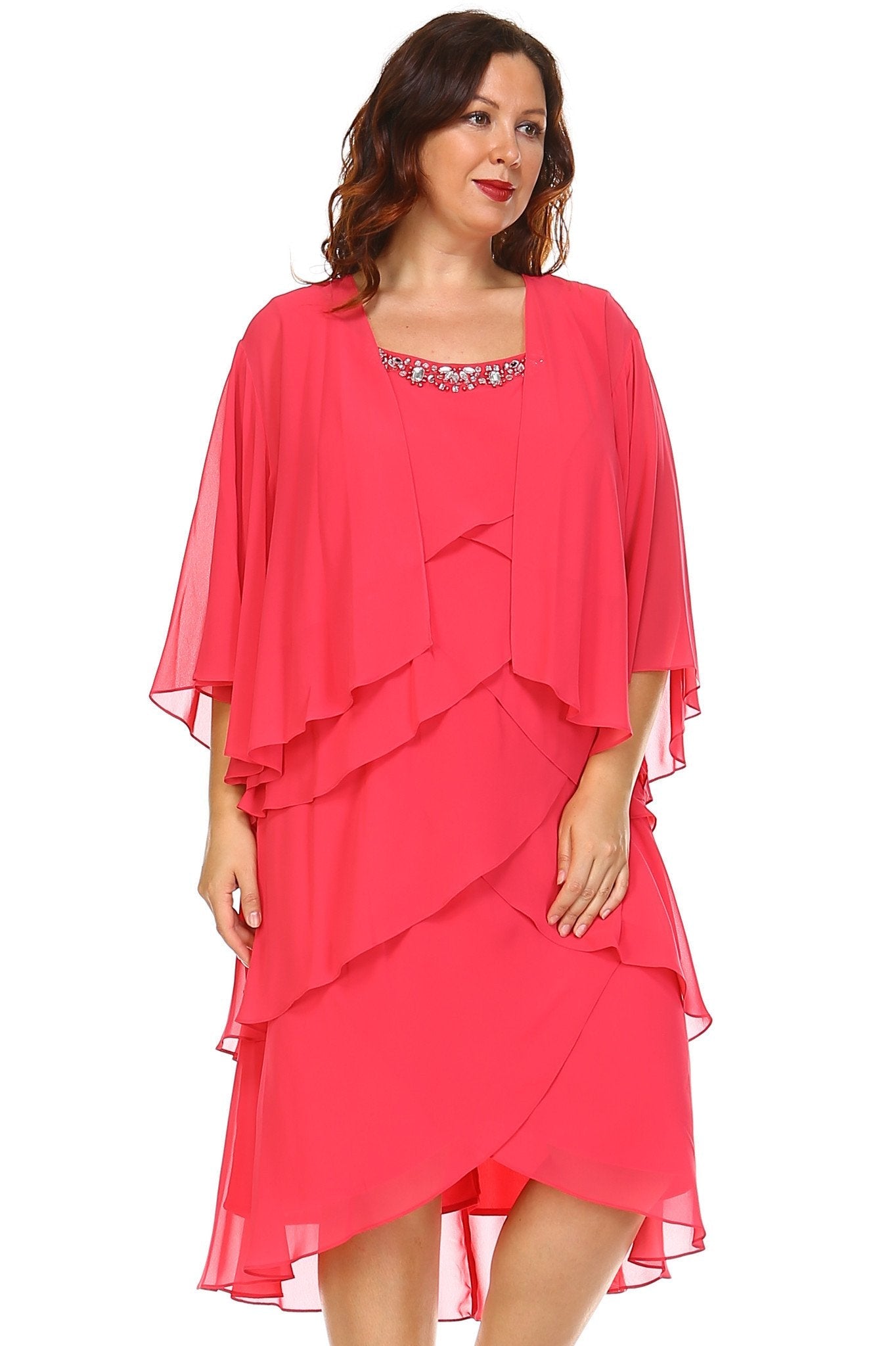 Women's Plus Size Gem Stone Neckline Dress with Chiffon Cardigan Plus Size / Evening Dresses - Tophatter Daily Deals