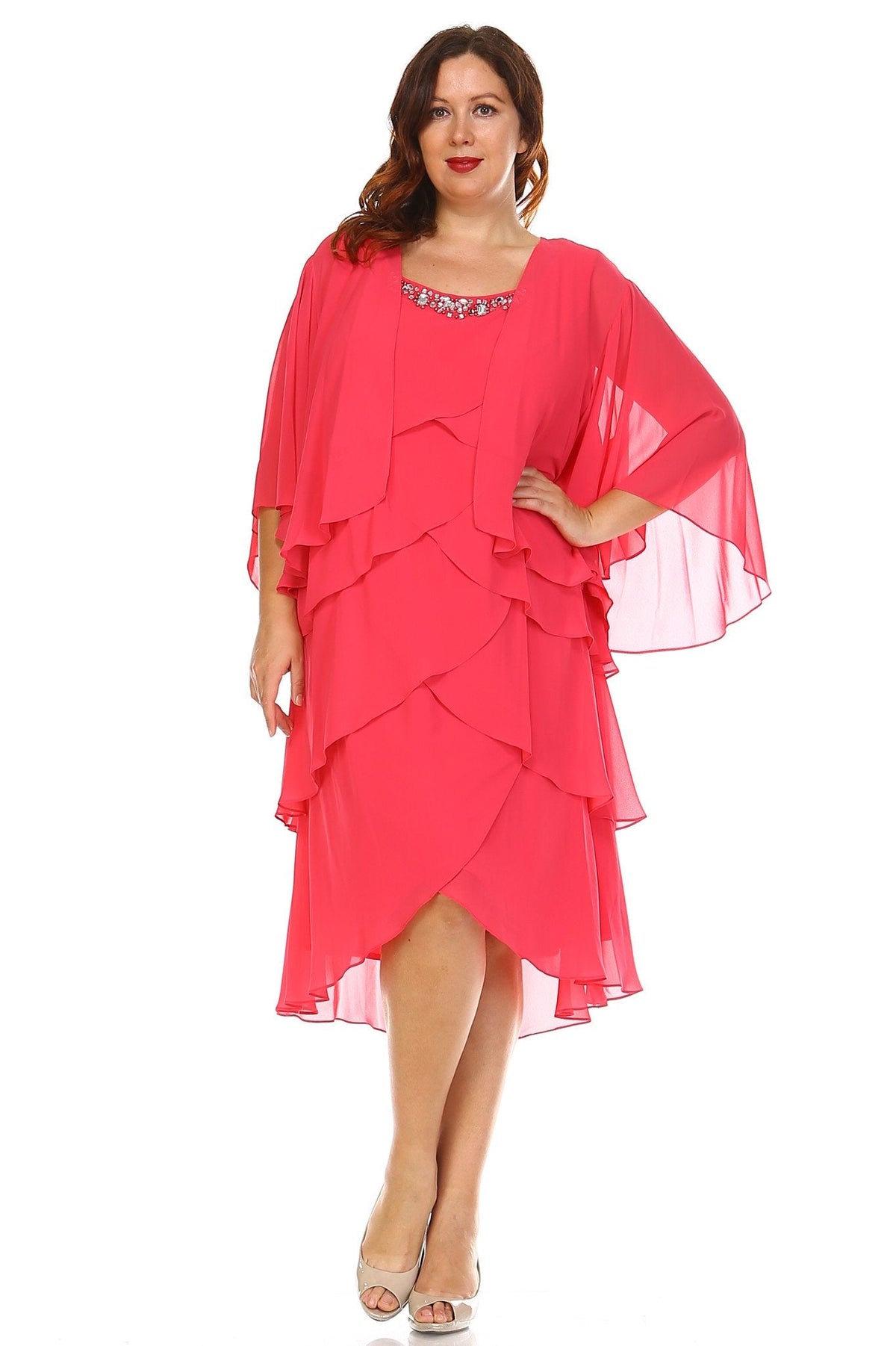 Women's Plus Size Gem Stone Neckline Dress with Chiffon Cardigan 24W Cirese Plus Size / Evening Dresses - Tophatter Daily Deals