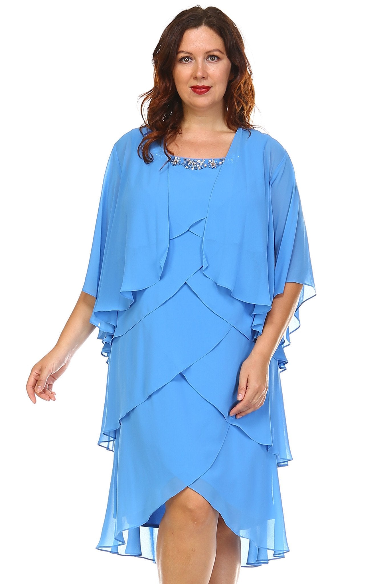 Women's Plus Size Gem Stone Neckline Dress with Chiffon Cardigan Plus Size / Evening Dresses - Tophatter Daily Deals