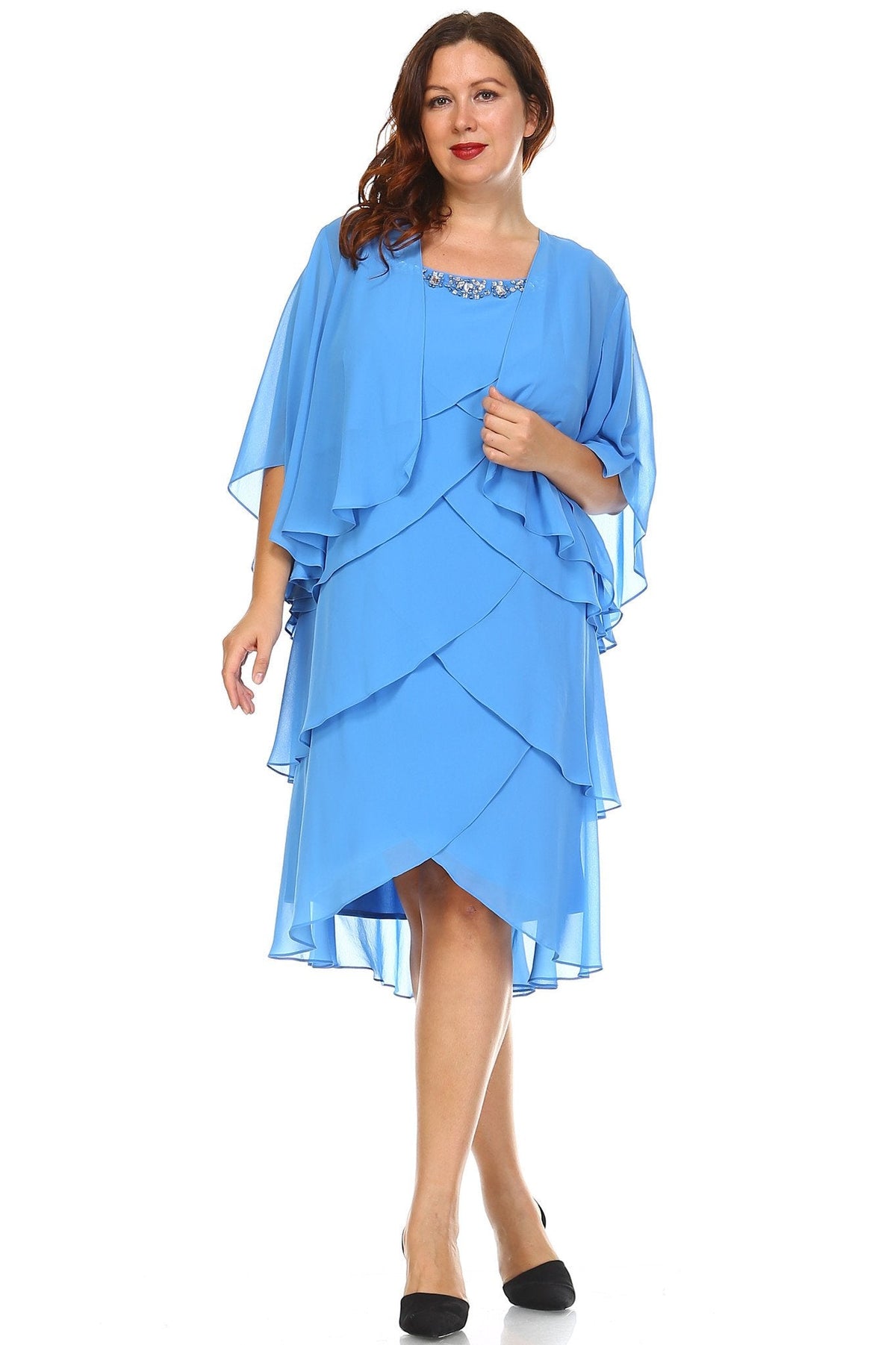 Women's Plus Size Gem Stone Neckline Dress with Chiffon Cardigan 14W Lagoon Plus Size / Evening Dresses - Tophatter Daily Deals