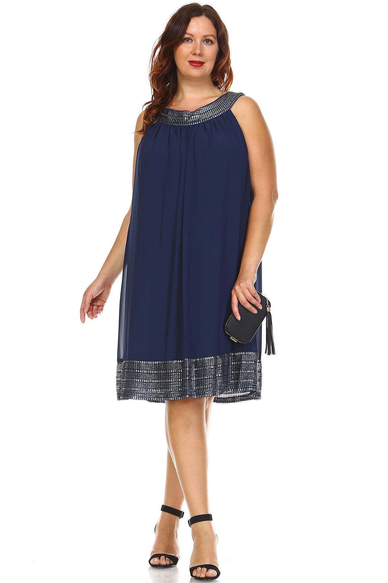 Women's Plus Size Silver Embroidered Neckline Chiffon Dress Navy 20 Plus Size / Evening Dresses - Tophatter Daily Deals