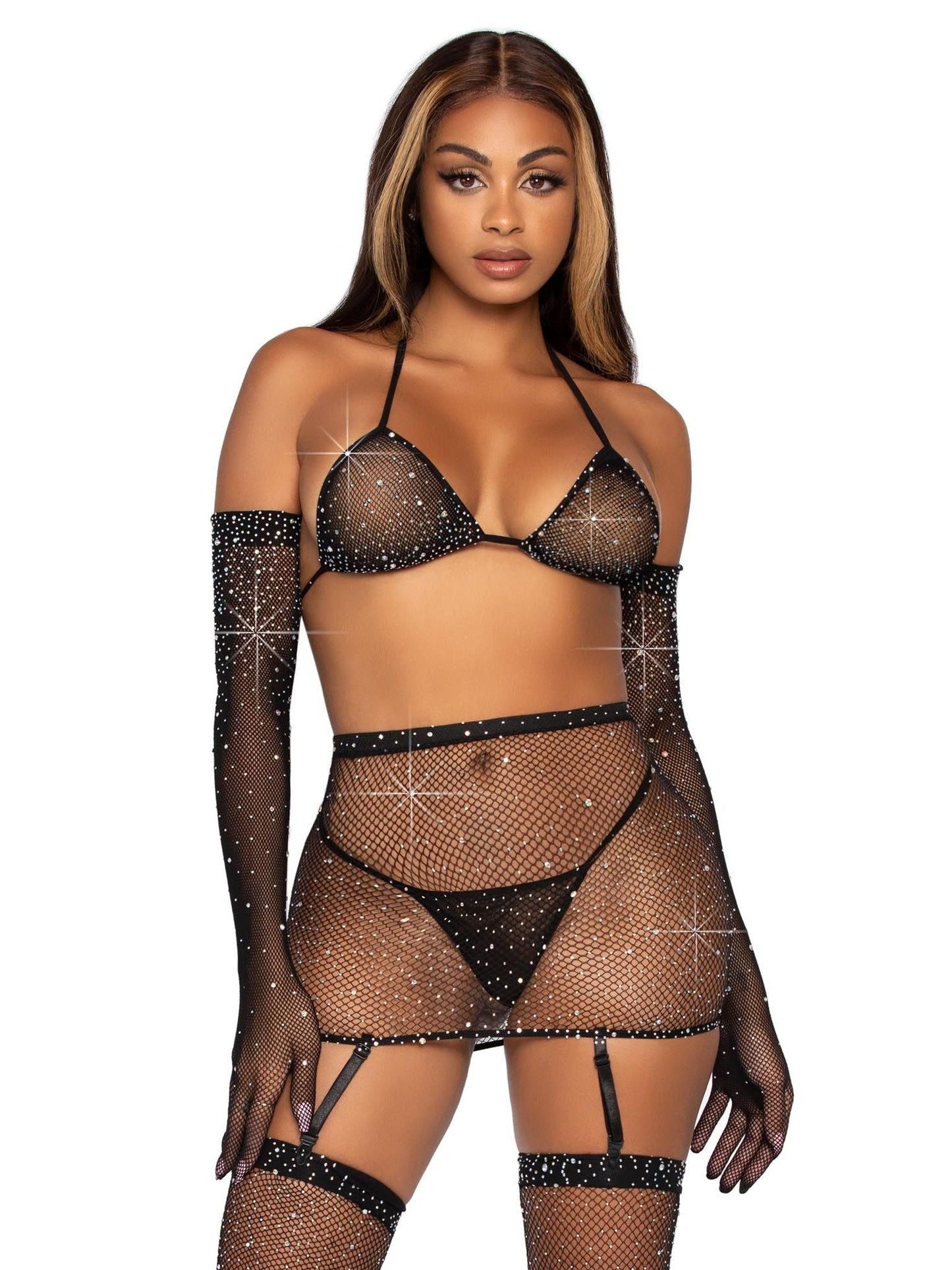 Black Rhinestone Bikini Lingerie Set with Garter Skirt and Gloves > Clothes > Lingerie Sets - Tophatter Daily Deals