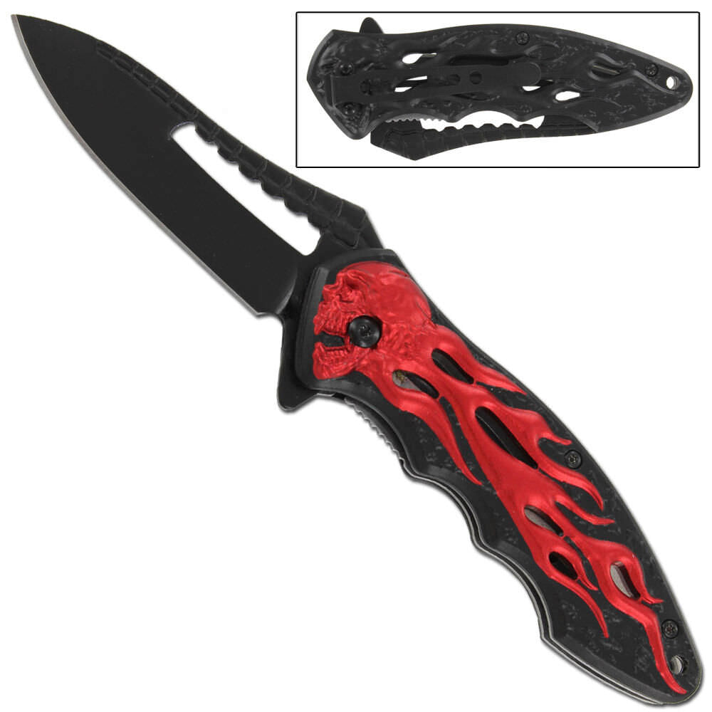 Drop Point Devils Wrath Assisted Red Flaming Skull Pocket Outdoor Knife - TOPHATTER'S ARMORY DEALS Collectible Weapons - Tophatter Daily Deals