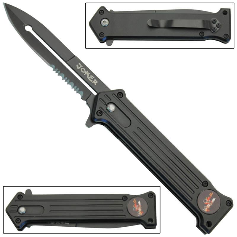 All Black Serrated Joker Spring Assist 'Legal Automatic' Knife - Tophatter's Army Products & Self Defense Collectible Weapons - Tophatter Daily Deals