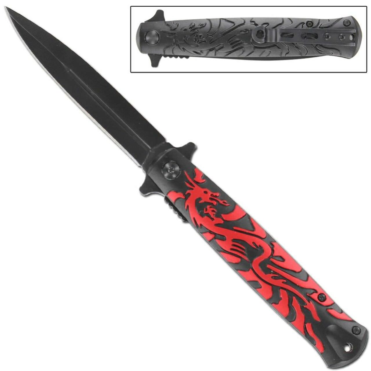 4" Blade Red Dragon Spring-Assist Folding Stiletto Knife - TOPHATTER'S ARMORY DEALS Collectible Weapons - Tophatter Daily Deals