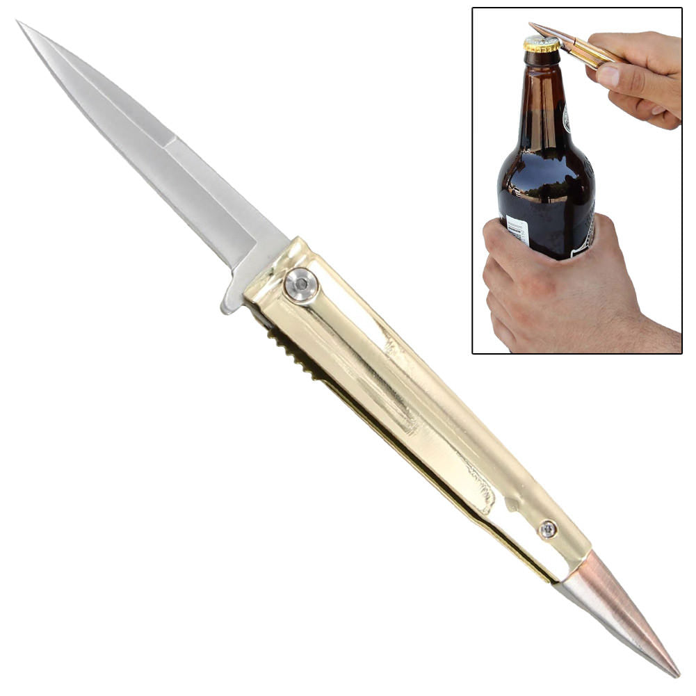 Bottle Opener Rifle Bullet Spring Assisted Folding Pocket Knife Golden Collectible Weapons - Tophatter Daily Deals