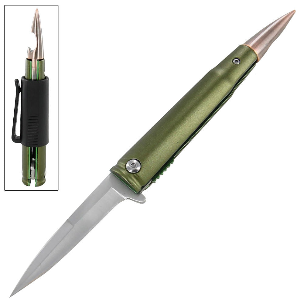 Bottle Opener Rifle Bullet Spring Assisted Folding Pocket Knife Green - TOPHATTER'S ARMORY DEALS Collectible Weapons - Tophatter Daily Deals