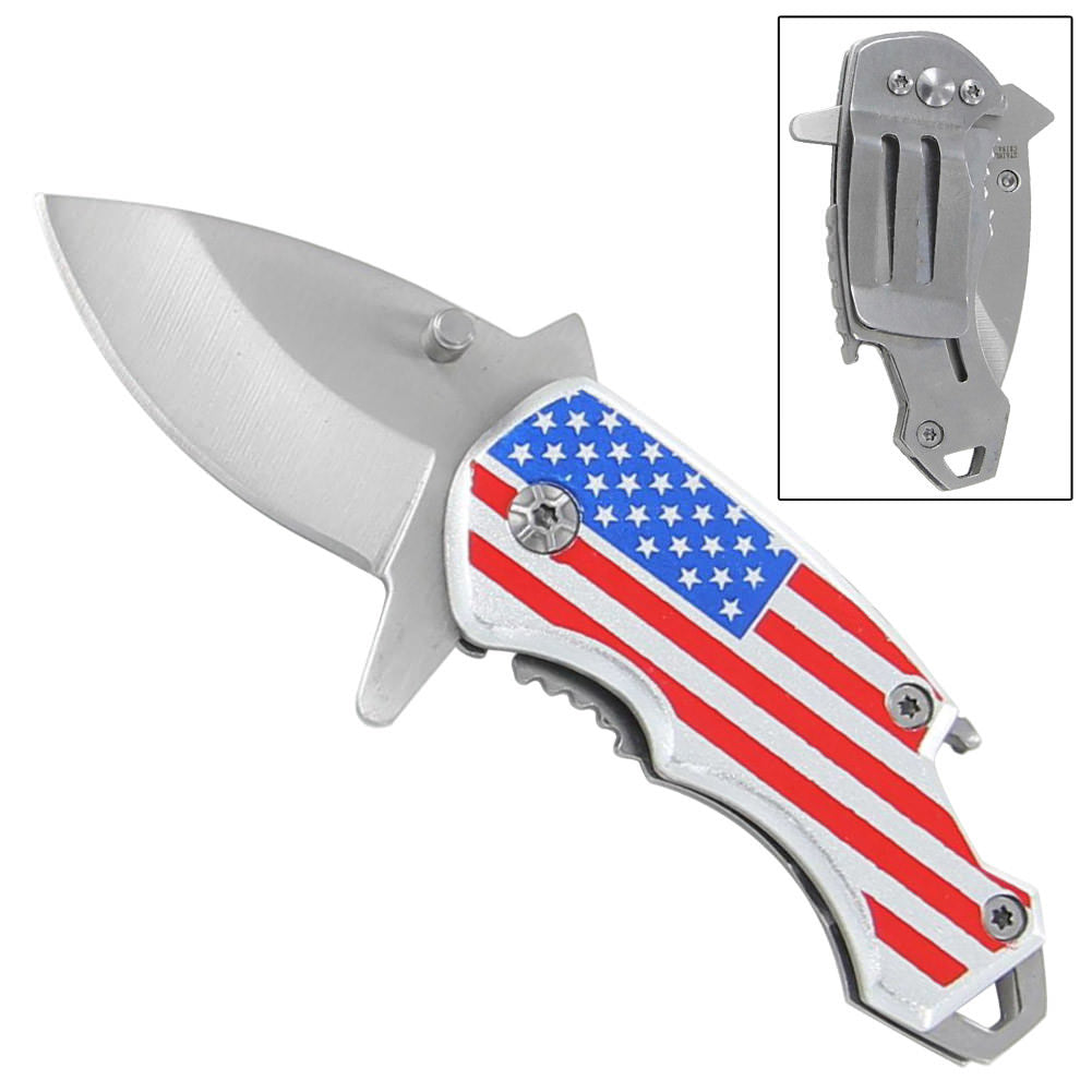 American Flag Handle Spring Assist Bottle Opener Pocket Knife With Money Clip - Tophatter's Guns'N'Weapons Store Collectible Weapons - Tophatter Daily Deals