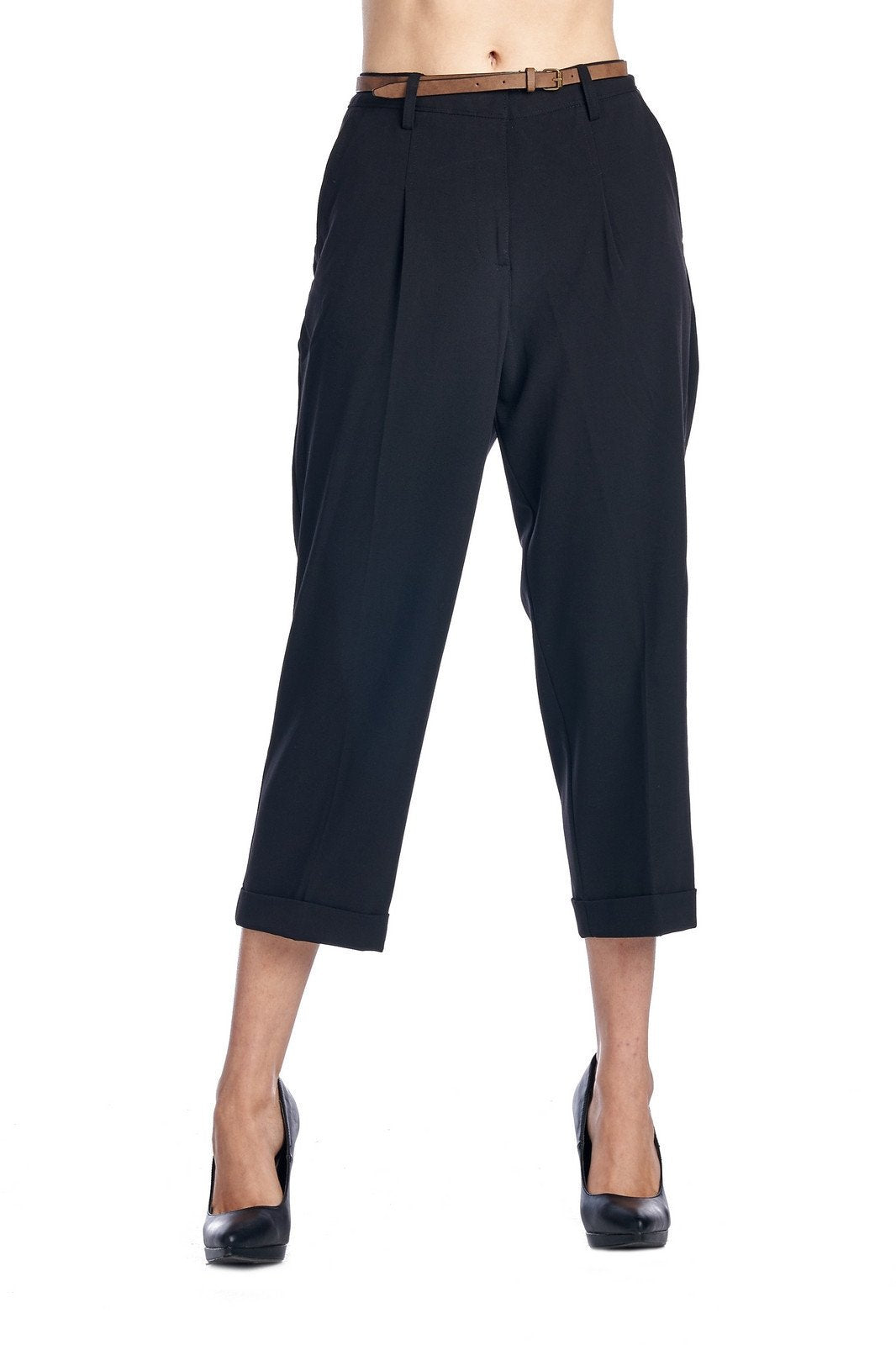 Larry Levine Stretch Pleated Trousers Black Capris - Tophatter Daily Deals
