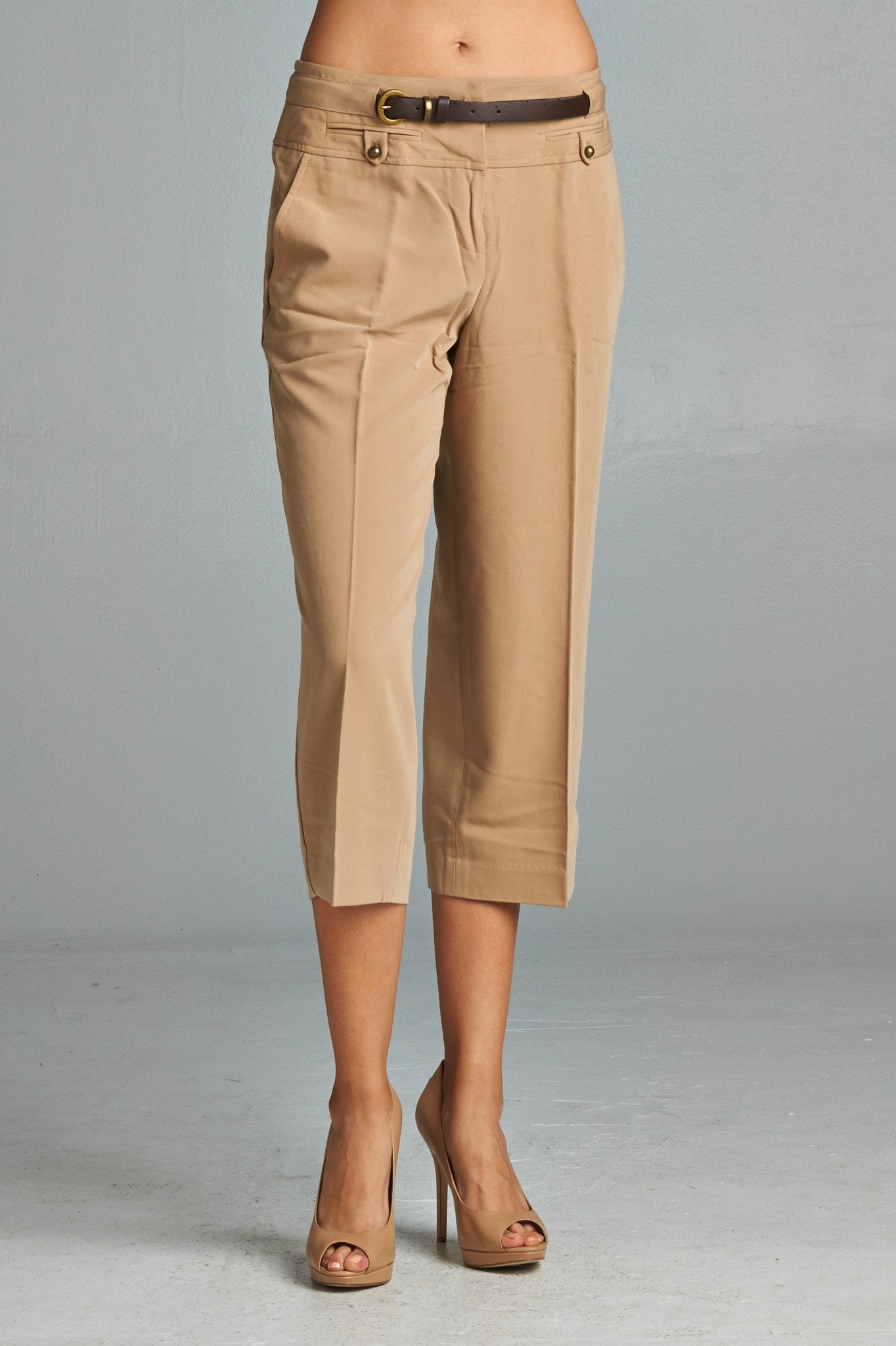 Larry Levine Stretch Capris with Belt J Khaki Capris - Tophatter Daily Deals