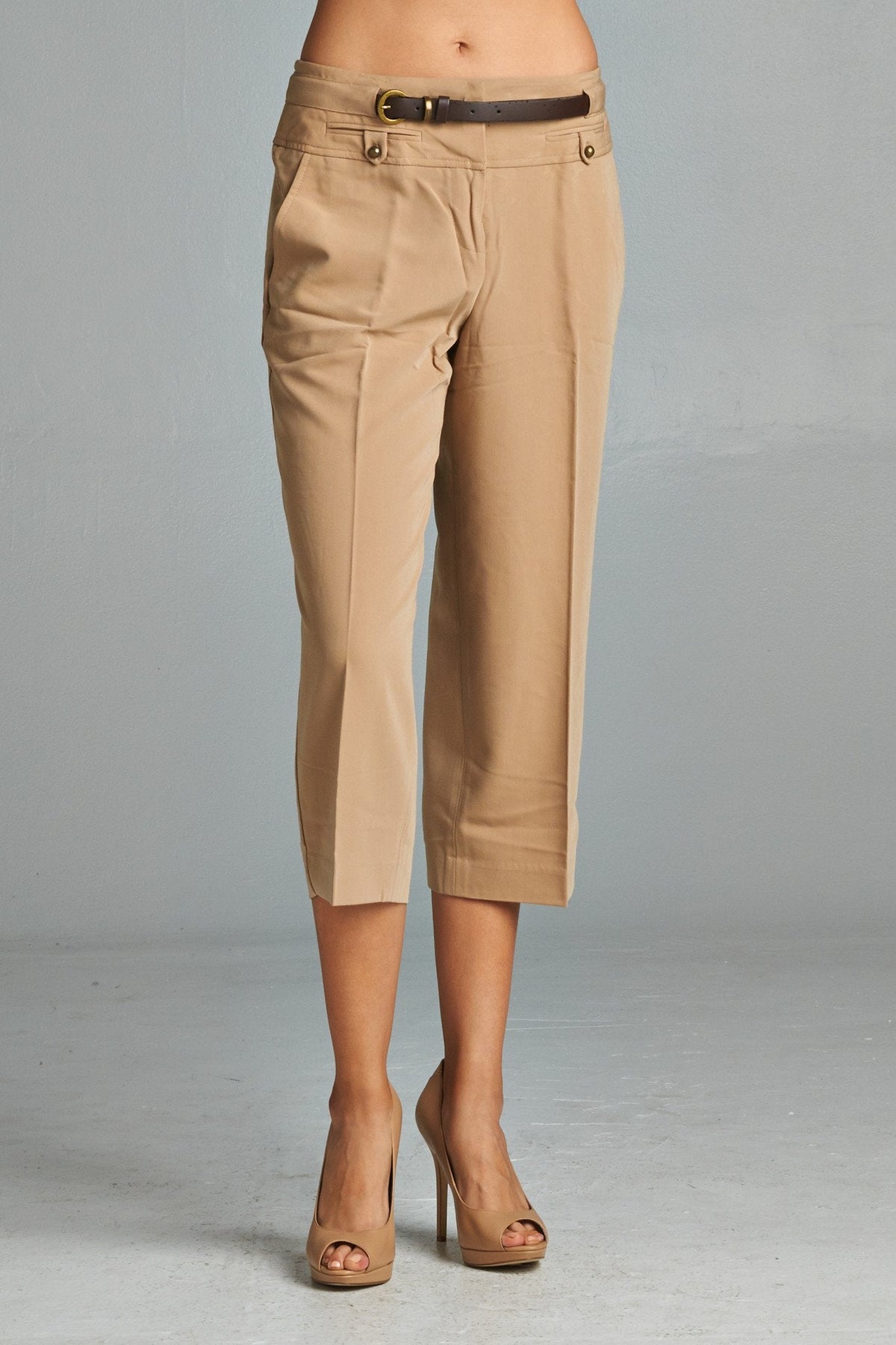 Larry Levine Stretch Capris with Belt J Khaki Capris - Tophatter Daily Deals