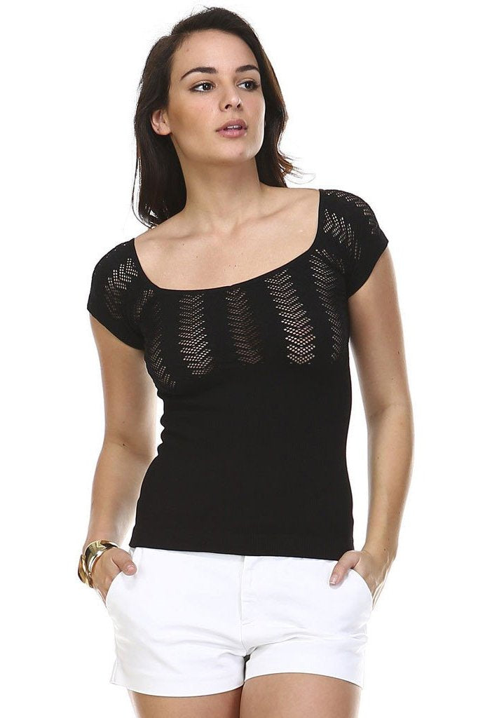 Women's Textured Knit Stretch Cap Sleeve Top OS Black 5 Tops - Tophatter Daily Deals