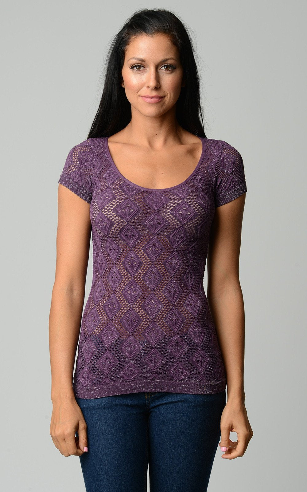 Women's Textured Knit Stretch Glitter Top One Size Eggplant Tops - Tophatter Daily Deals