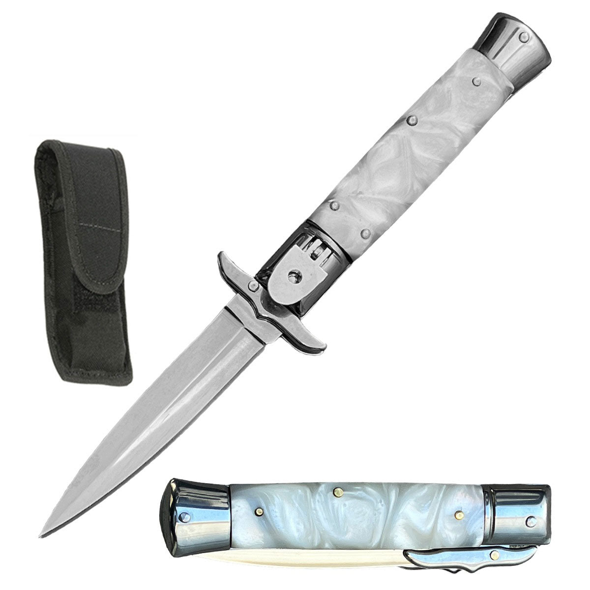 8.25" White Pearl Handle Automatic Lever Lock Stiletto Knife - TOPHATTER'S ARMORY DEALS Collectible Weapons - Tophatter Daily Deals