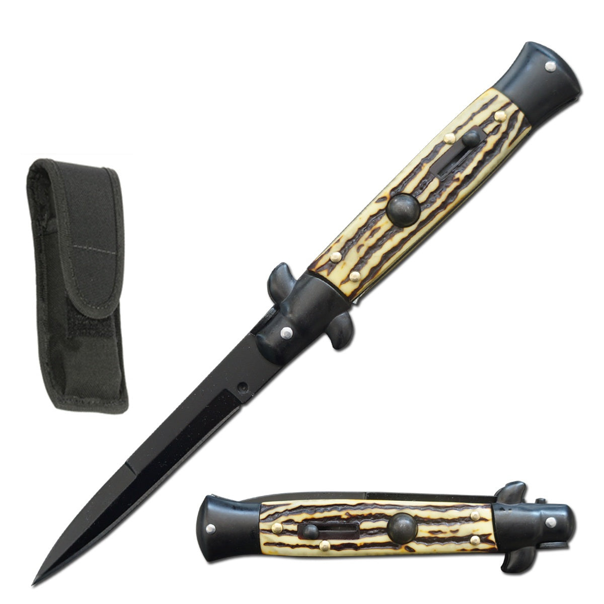8.75" Black Italian Stiletto Automatic Switch Blade Knife Stag Handle - TOPHATTER'S ARMORY DEALS Collectible Weapons - Tophatter Daily Deals