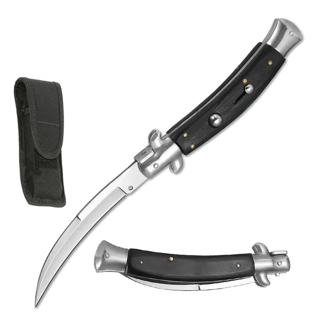 9.75" Black Italian Stiletto Switch Curved Blade Pocket Knife - Tophatter's Guns'N'Weapons Store Collectible Weapons - Tophatter Daily Deals