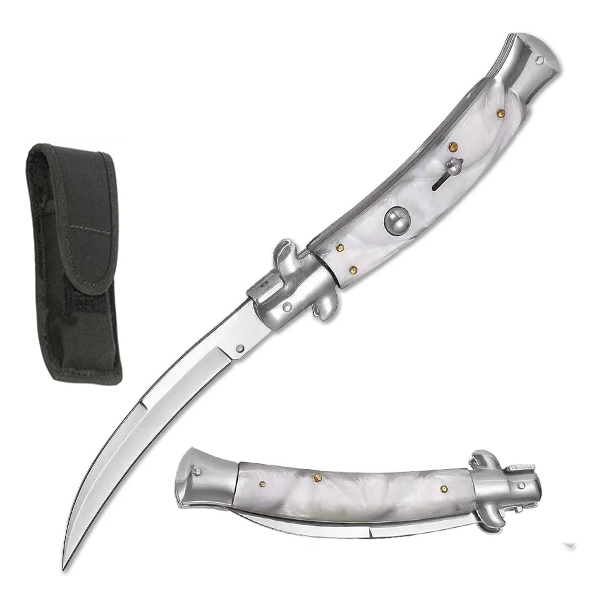 9.75" White Pearl Handle Italian Stiletto Switch Curved Blade Pocket Knife - Tophatter's Guns'N'Weapons Store Collectible Weapons - Tophatter Daily Deals