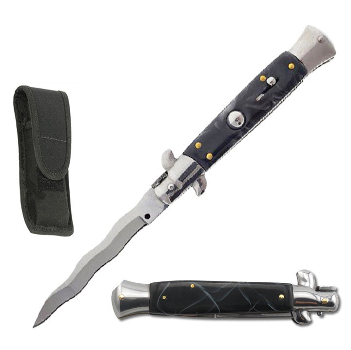 9" Black Marble Italian Stiletto Switch Kris Blade Pocket Knife - TOPHATTER'S ARMORY DEALS Collectible Weapons - Tophatter Daily Deals