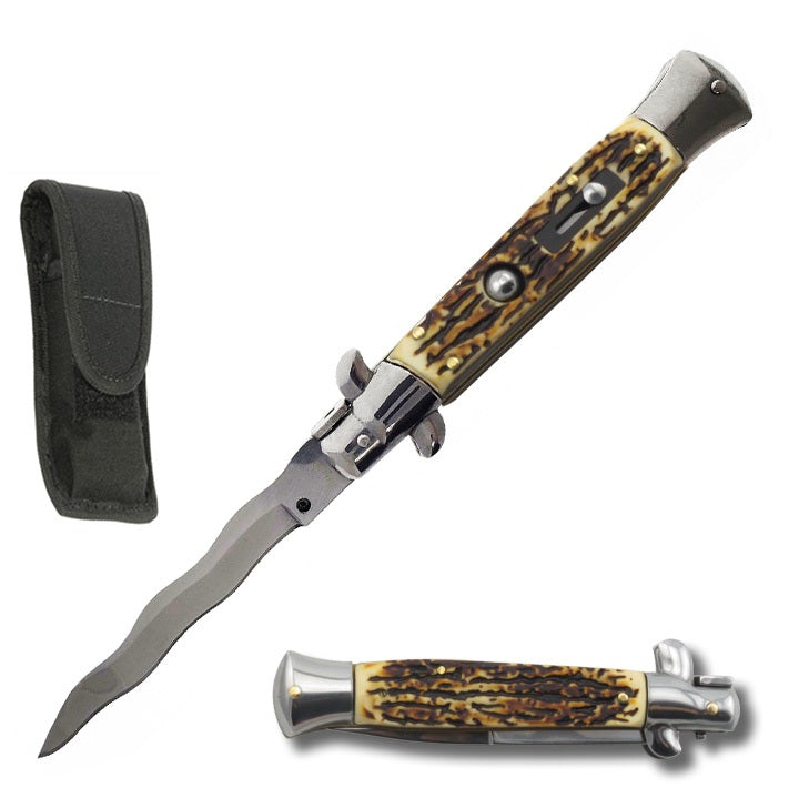 9" Stag Handle Italian Stiletto Switch Kris Blade Pocket Knife - TOPHATTER'S ARMORY DEALS Collectible Weapons - Tophatter Daily Deals