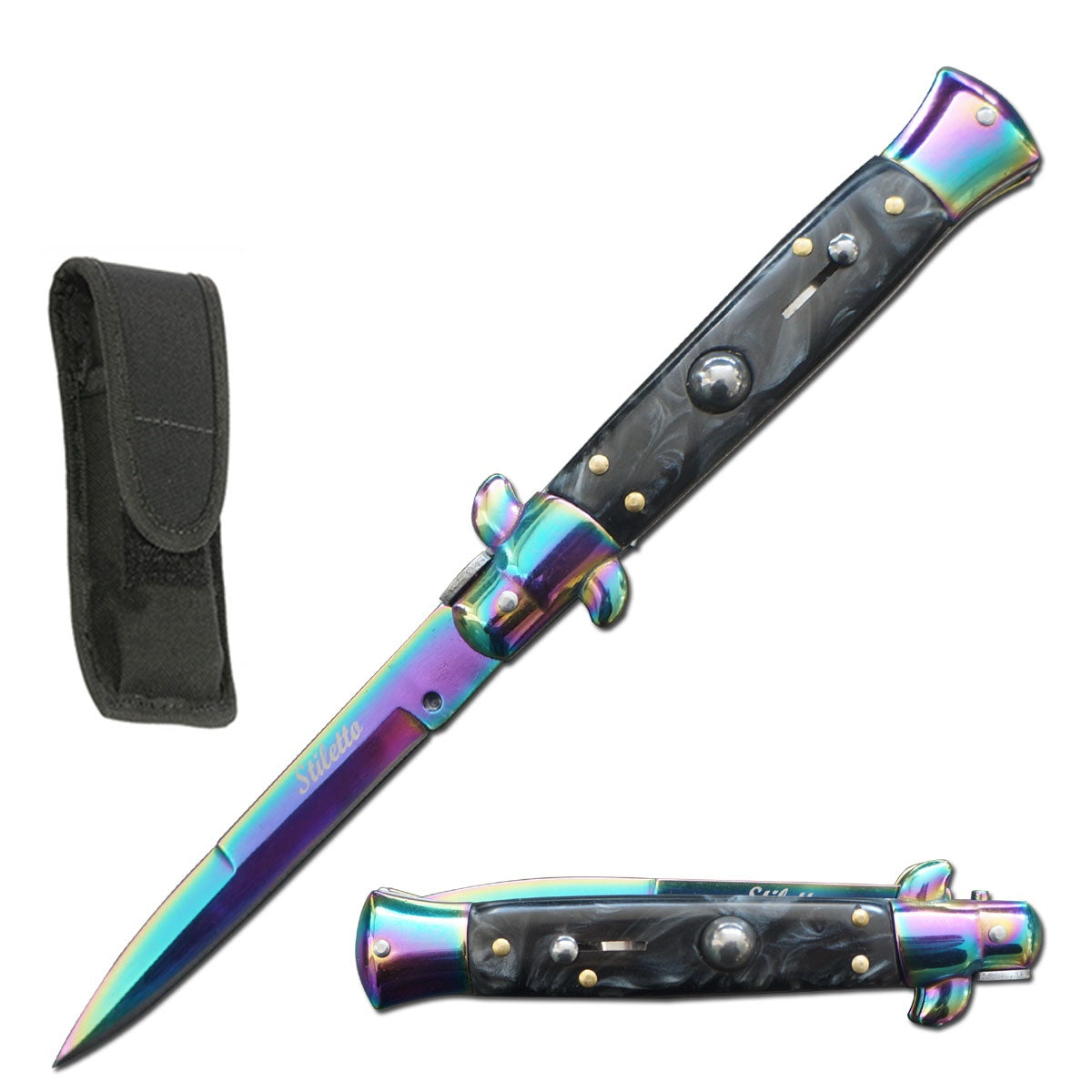 8.75" Titanium Italian Stiletto Automatic Knife Black Pearl Handle - TOPHATTER'S ARMORY DEALS Collectible Weapons - Tophatter Daily Deals