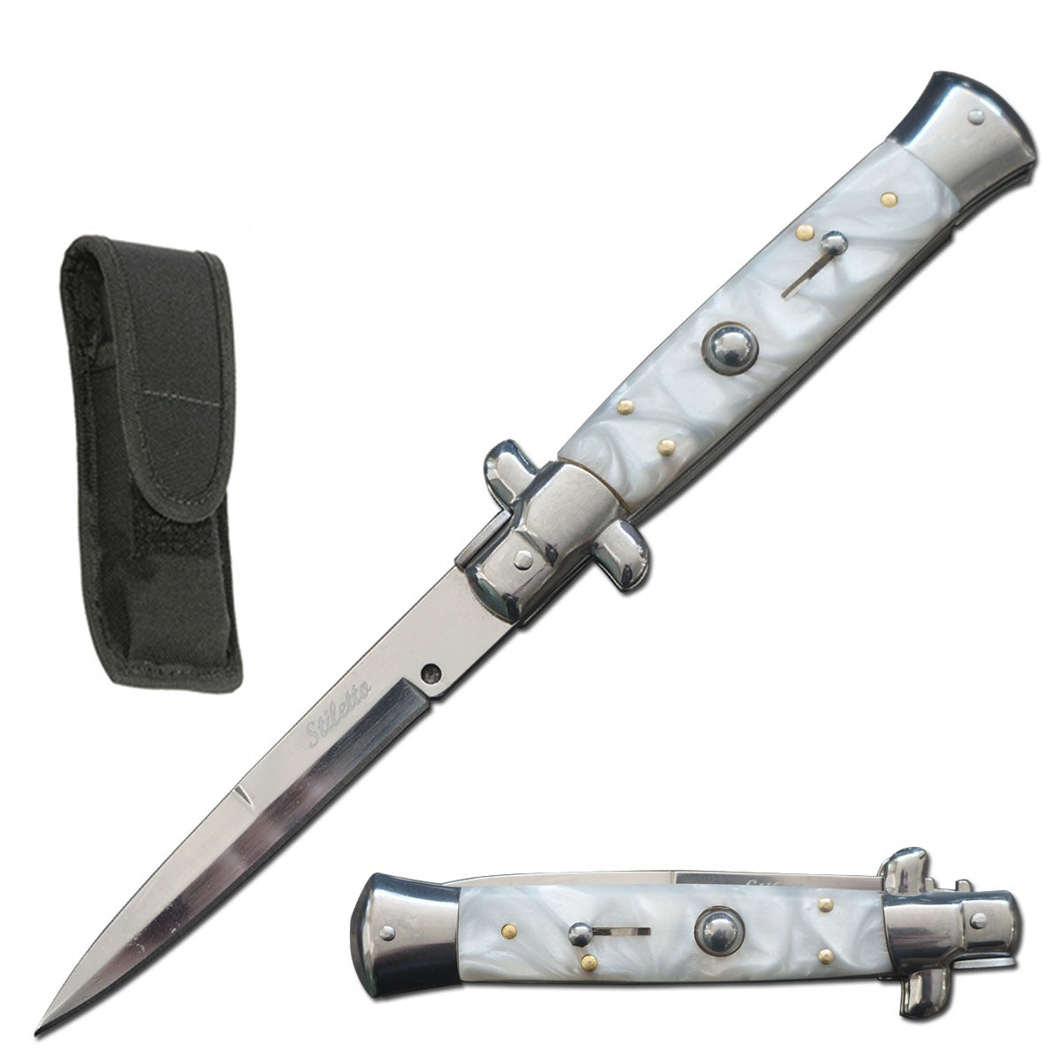 8.75" Italian Stiletto Automatic Knife White Marble Handle - TOPHATTER'S ARMORY DEALS Collectible Weapons - Tophatter Daily Deals