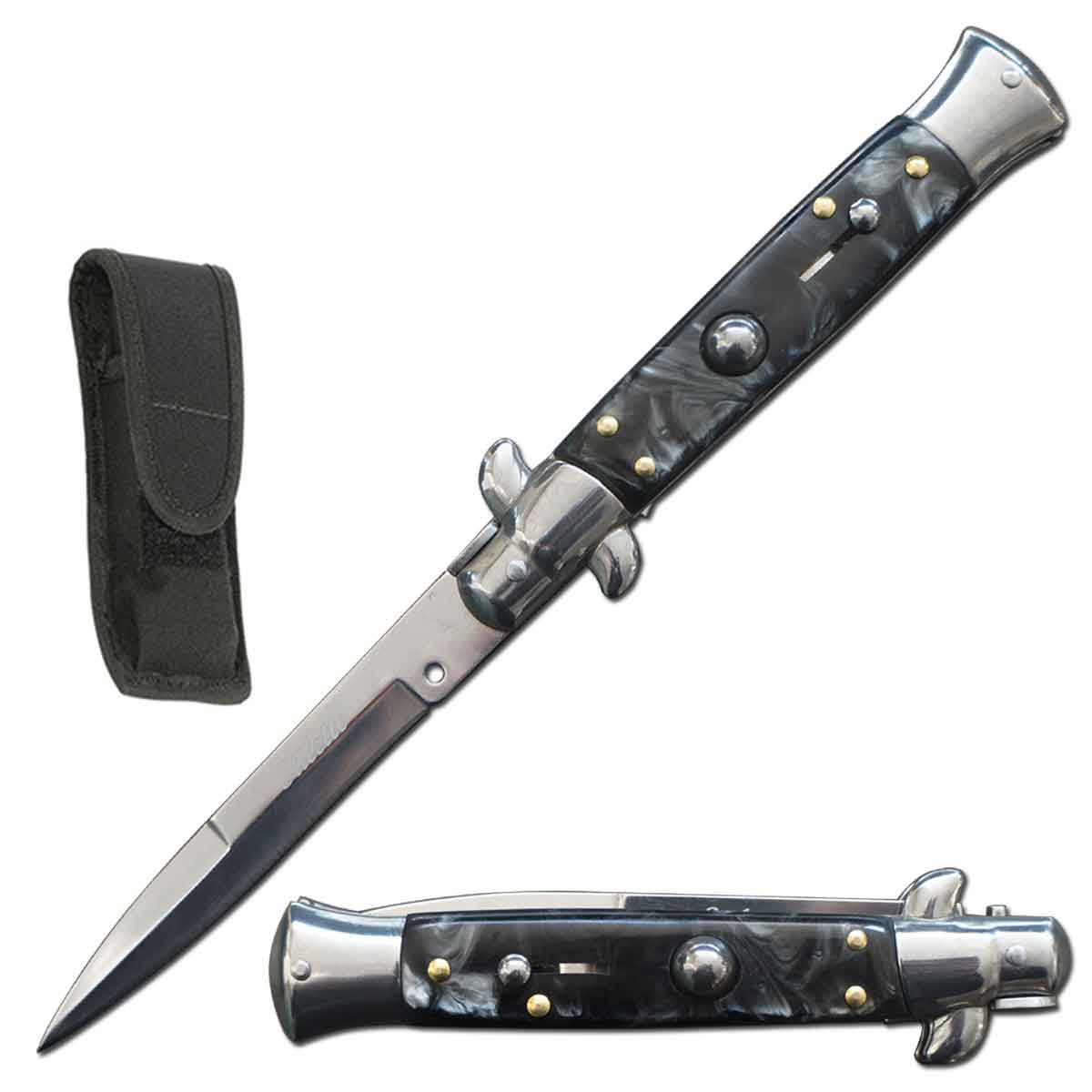 9.75" Italian Milano Stiletto Black Pearl Handle Automatic Knife - TOPHATTER'S ARMORY DEALS Collectible Weapons - Tophatter Daily Deals