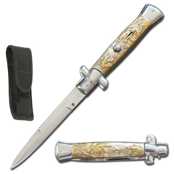 9.75" Italian Milano Stiletto Gold Dragon Handle Automatic Knife - TOPHATTER'S ARMORY DEALS Collectible Weapons - Tophatter Daily Deals