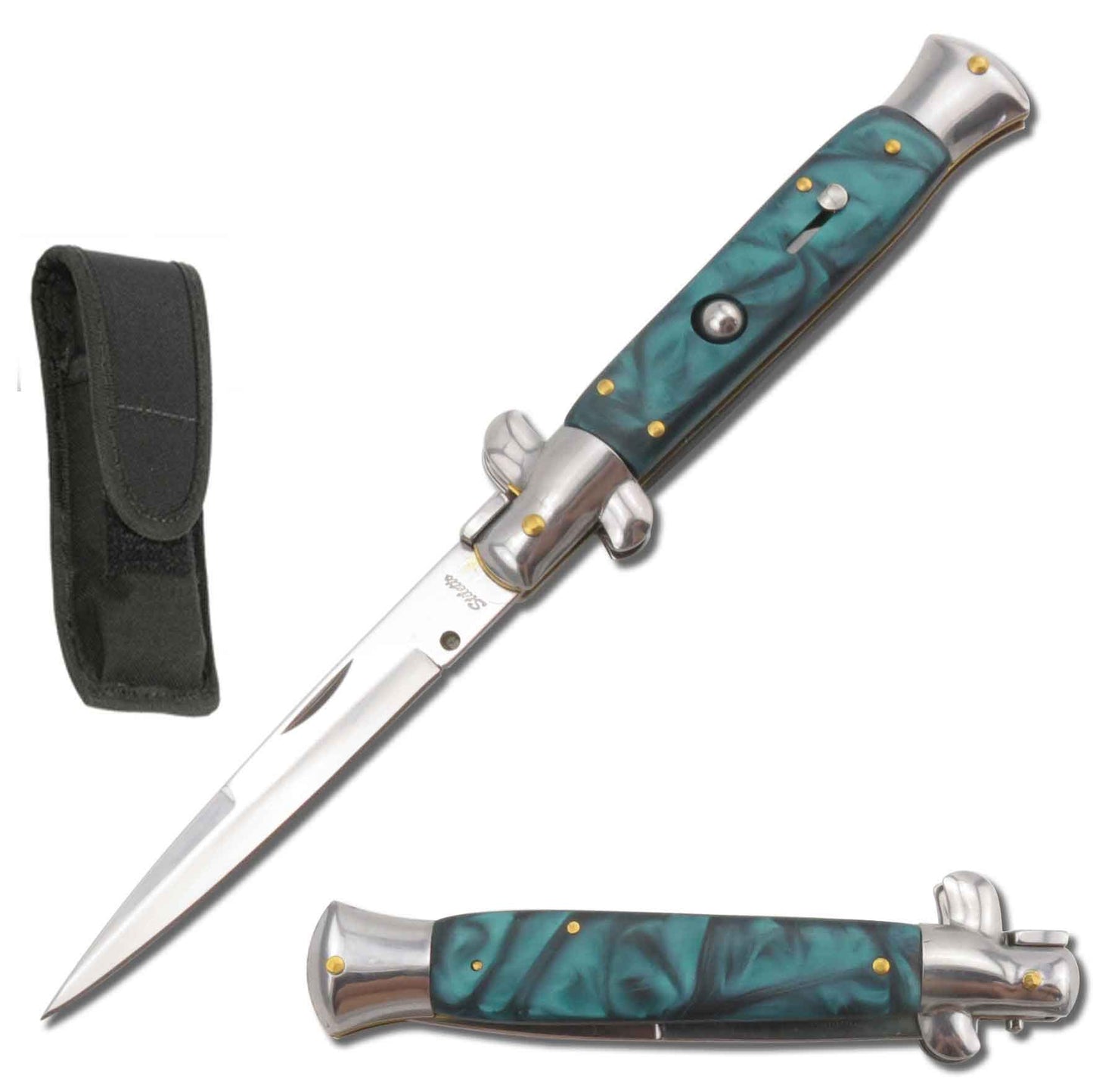 9.75" Italian Milano Stiletto Green Pearl Handle Automatic Knife - TOPHATTER'S ARMORY DEALS Collectible Weapons - Tophatter Daily Deals