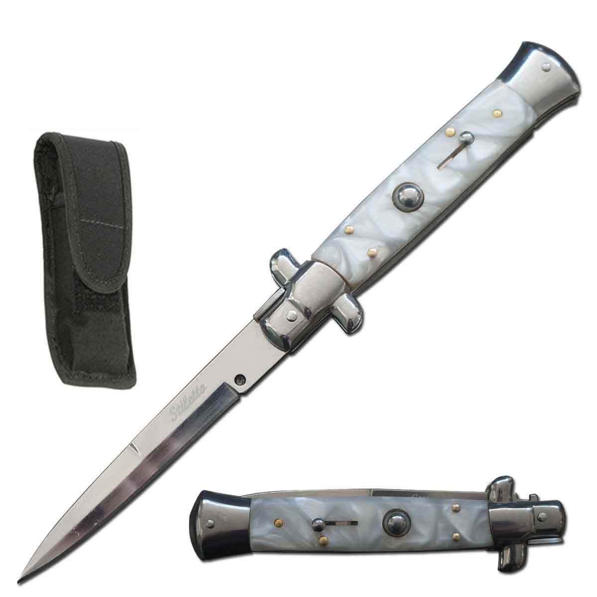 9.75" Italian Milano Stiletto White Pearl Handle Automatic Knife - TOPHATTER'S ARMORY DEALS Collectible Weapons - Tophatter Daily Deals