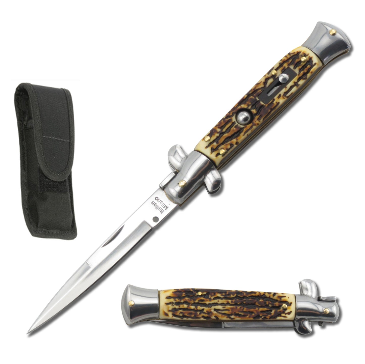 9.75" Italian Milano Stiletto Stag Handle Automatic Knife - TOPHATTER'S ARMORY DEALS Collectible Weapons - Tophatter Daily Deals