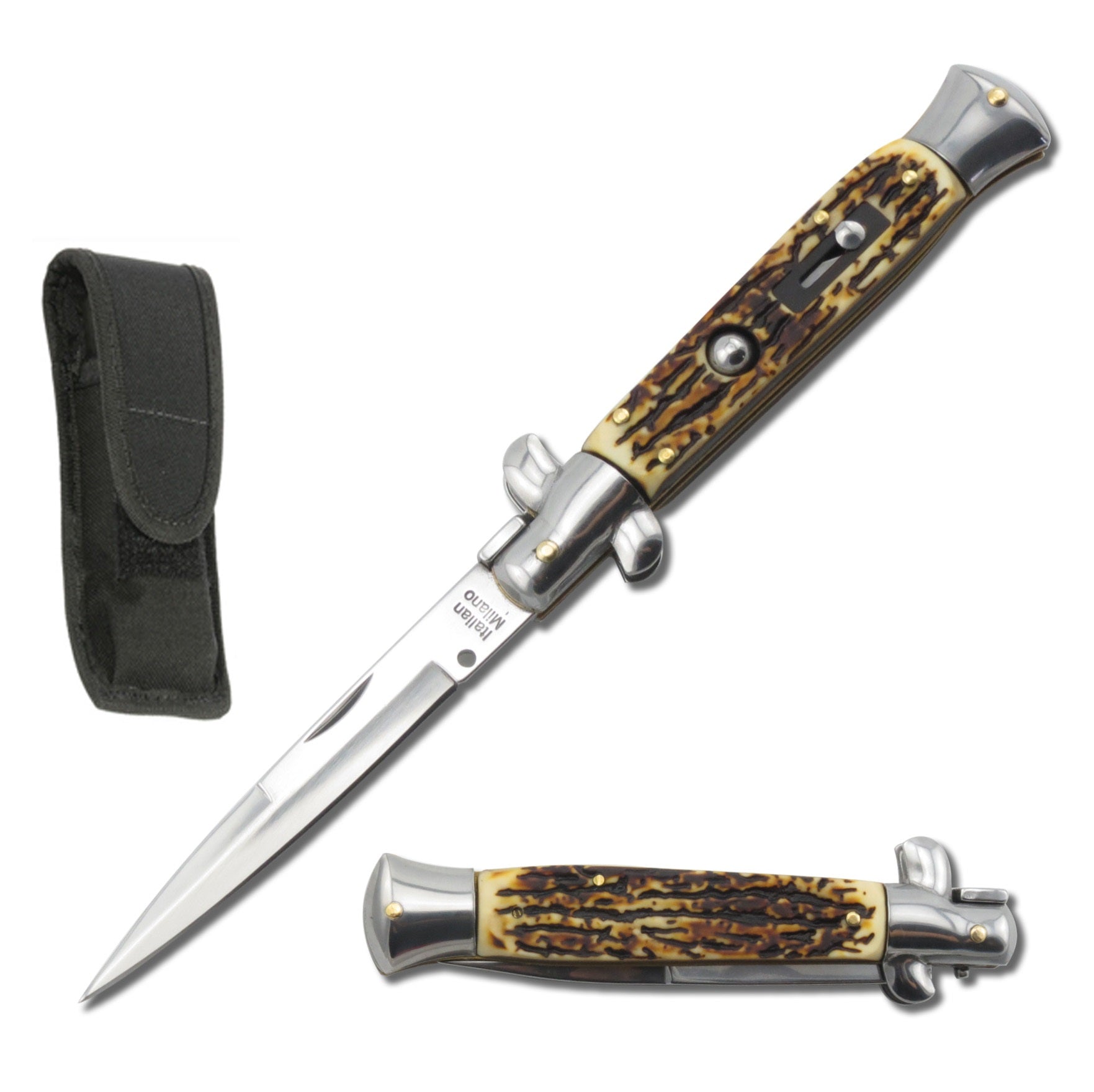9.75" Italian Milano Stiletto Stag Handle Automatic Knife - TOPHATTER'S ARMORY DEALS Collectible Weapons - Tophatter Daily Deals