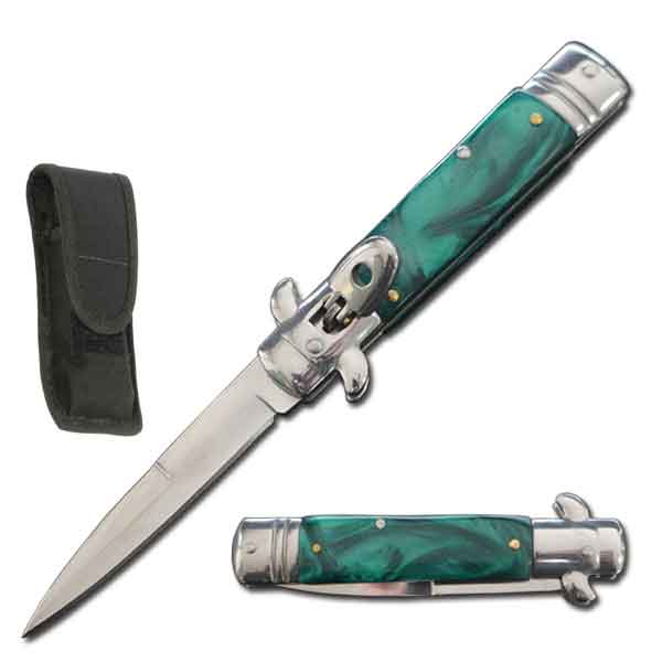 7.75" Automatic Switchblade Lever Lock Knife - Green Pearl Handle Collectible Weapons - Tophatter Daily Deals