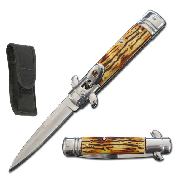 7.75" Automatic Switchblade Lever Lock Knife - Stag Handle - TOPHATTER'S ARMORY DEALS Collectible Weapons - Tophatter Daily Deals