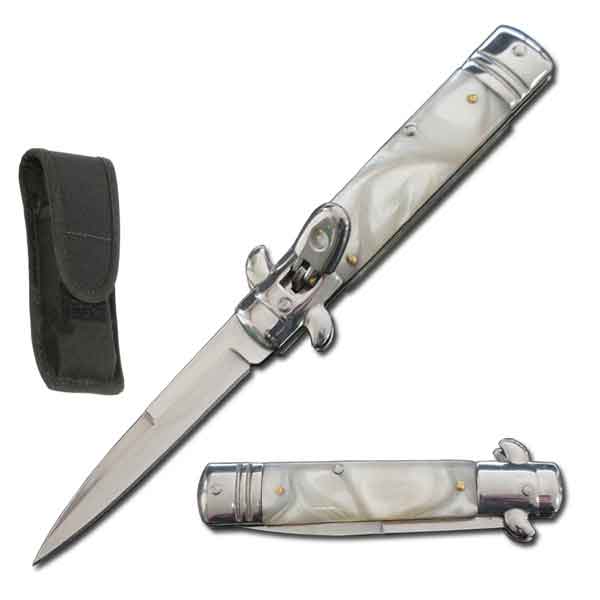 7.75" Automatic Switchblade Lever Lock Knife - White Pearl Handle Collectible Weapons - Tophatter Daily Deals