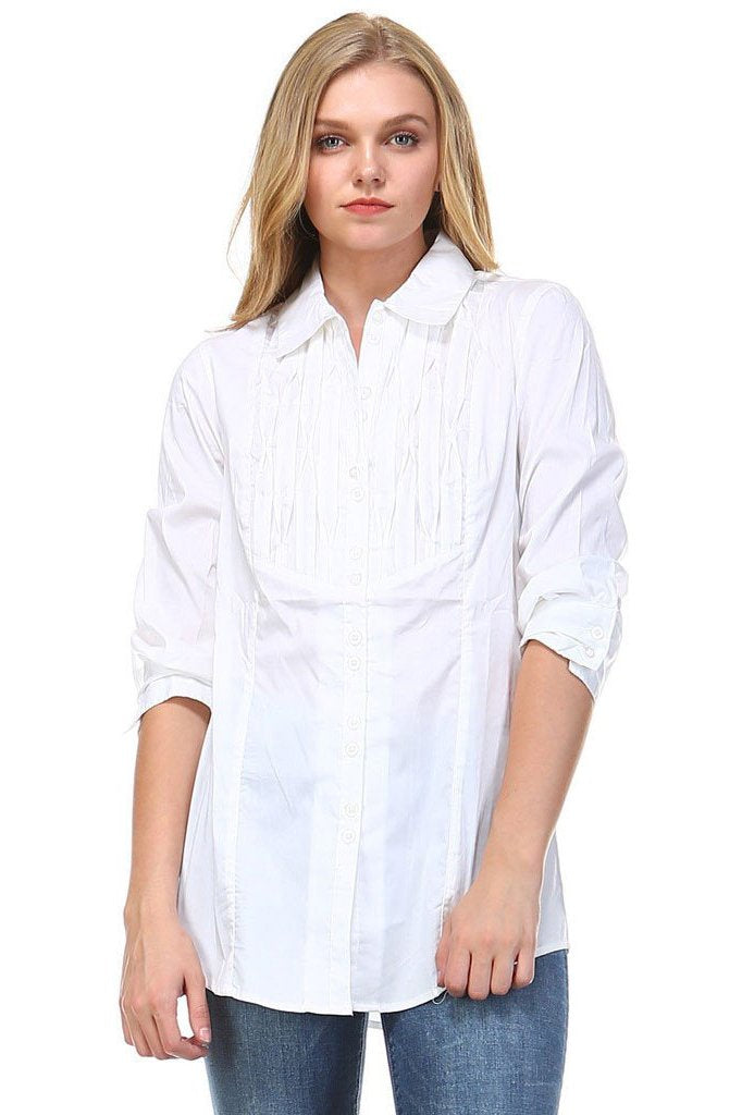 Women's 3/4 Three Quarter Sleeve Button Down Pleated Detail Top White Tops / Button Down - Tophatter Daily Deals