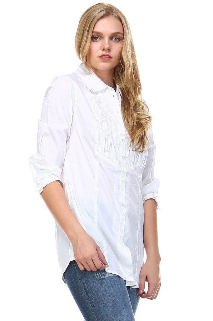 Women's 3/4 Three Quarter Sleeve Button Down Pleated Detail Top Tops / Button Down - Tophatter Daily Deals
