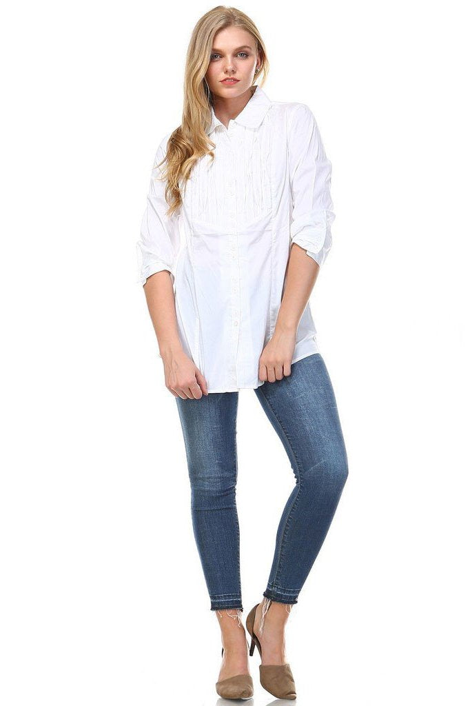 Women's 3/4 Three Quarter Sleeve Button Down Pleated Detail Top Tops / Button Down - Tophatter Daily Deals