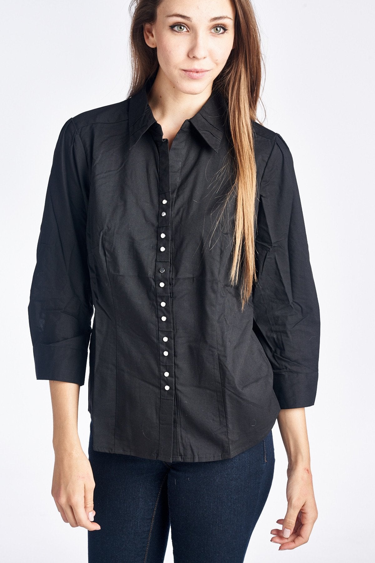Women's Long Sleeve Button Placket Detailed Shirt Black Tops / Button Down - Tophatter Daily Deals