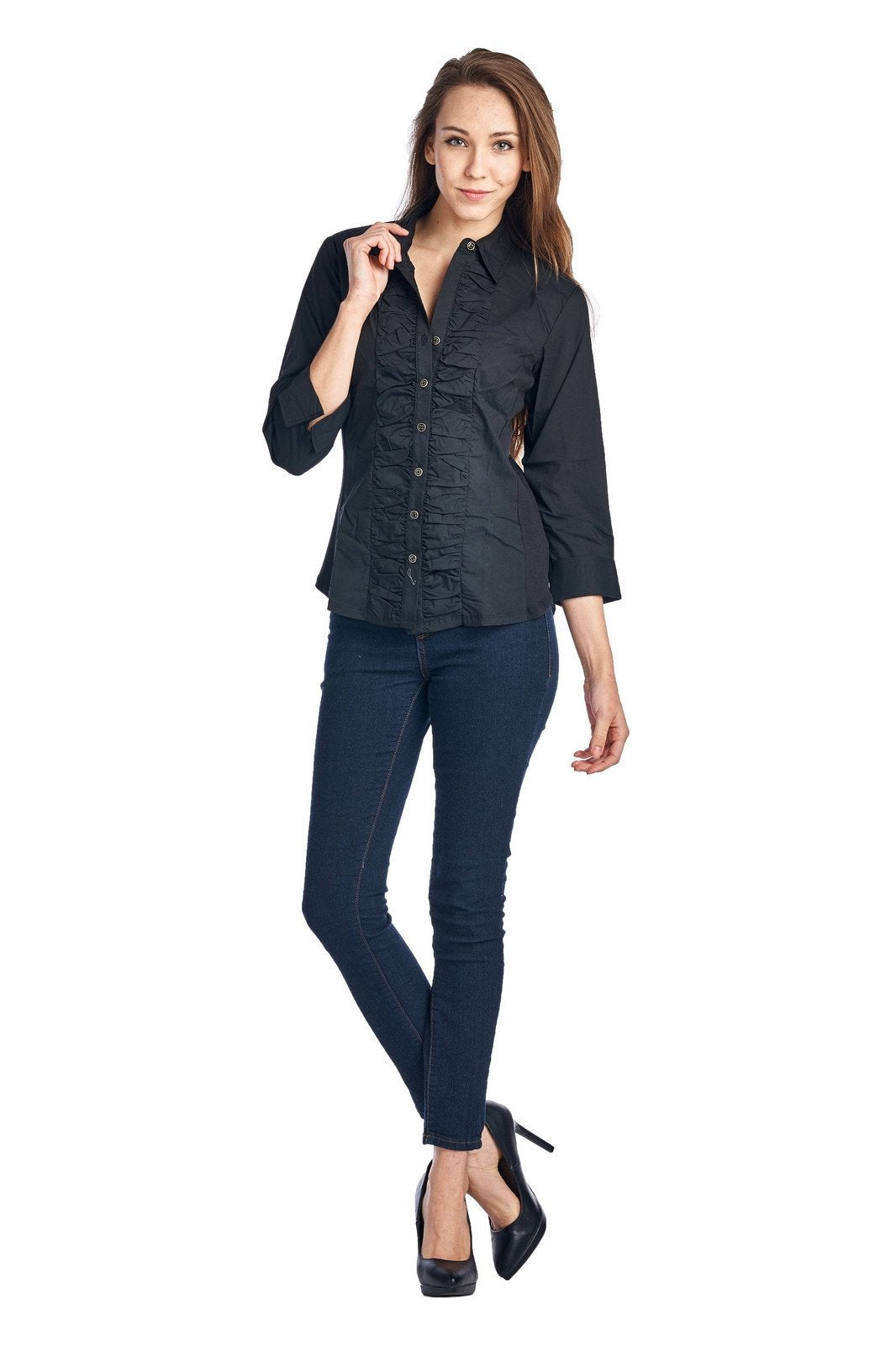 Women's Long Sleeve Button Down Woven/Knit Shirt Black Tops / Button Down - Tophatter Daily Deals