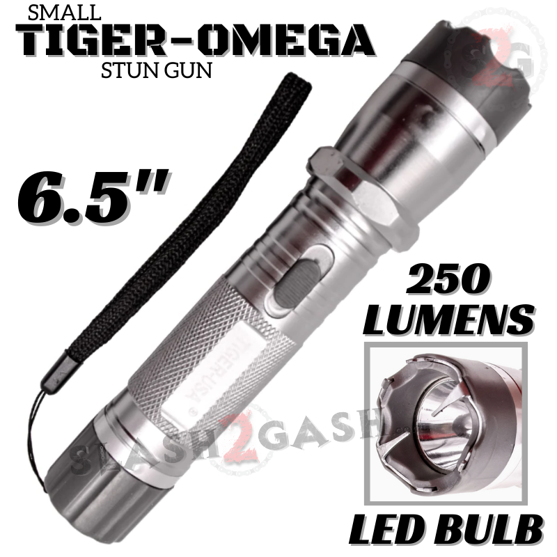 STUN GUN 100M Volts w/ LED Flashlight Tiger USA - Tiger Omega Silver SD-StunGun - Tophatter Daily Deals