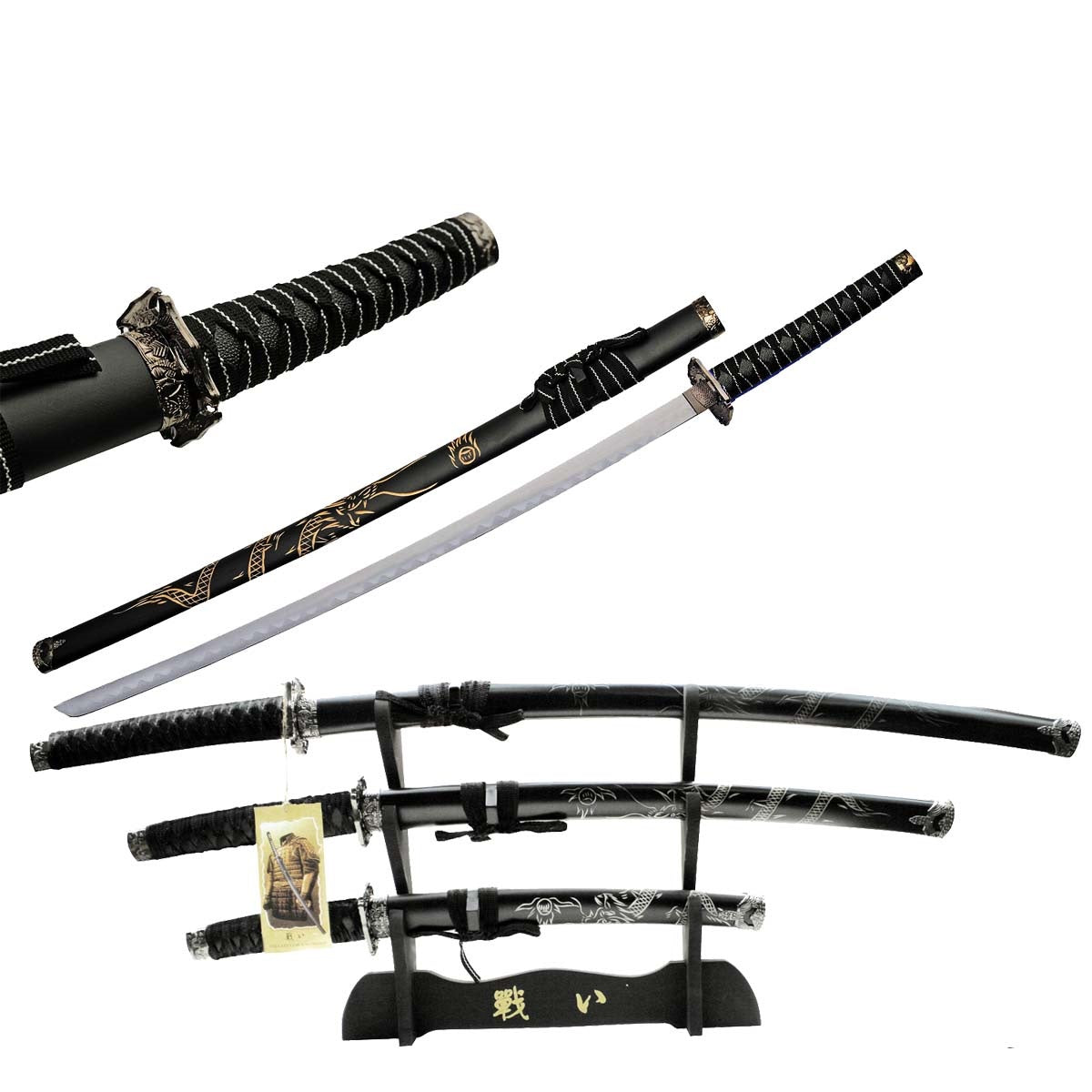 Black 3 Pcs Bushido Dragon Samurai Katana Sword Set with Stand - Tophatter's Army Products & Self Defense Collectible Weapons - Tophatter Daily Deals