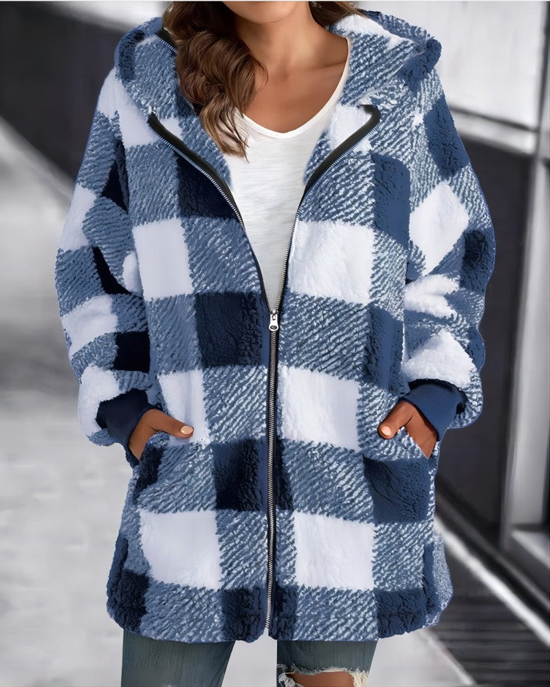 Hoodie Plaid Loose Overcoat Blue Outerwear - Tophatter Daily Deals