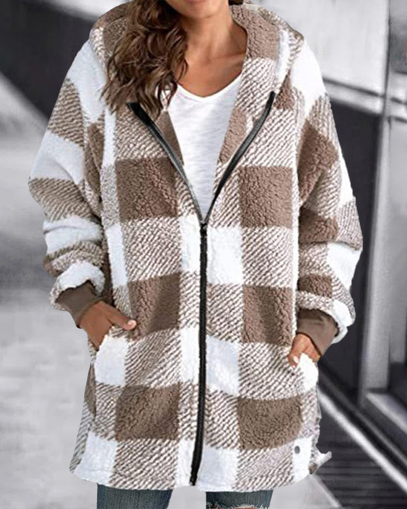 Hoodie Plaid Loose Overcoat Beige Outerwear - Tophatter Daily Deals