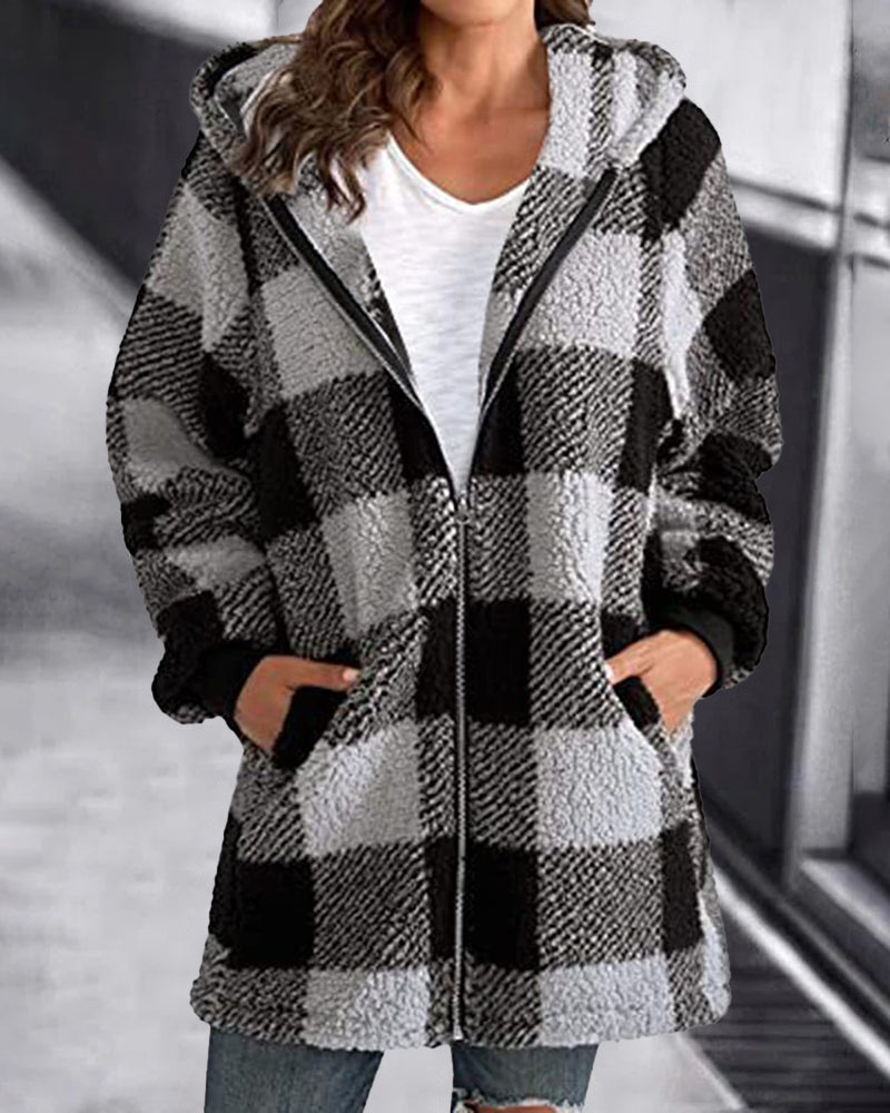 Hoodie Plaid Loose Overcoat Dark Grey Outerwear - Tophatter Daily Deals